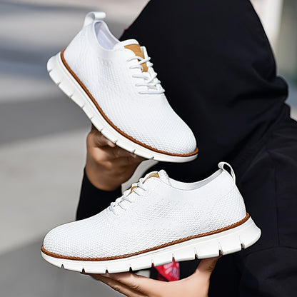 Men's Breathable Knit Business Casual Shoes - Beige with Brown Accents, Lace-Up, EVA Sole, Round Toe, Versatile for All Seasons, Dressy Shoes