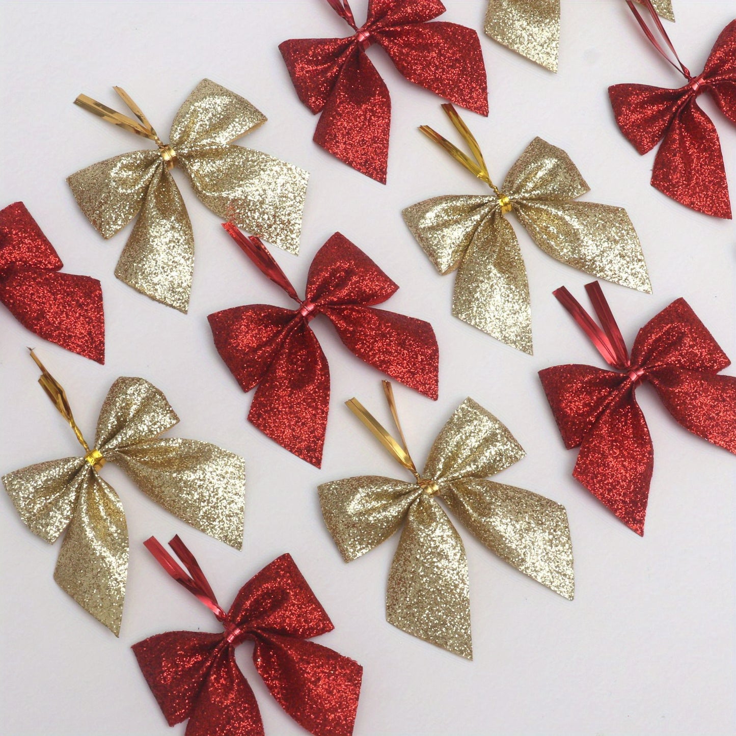 60pcs Elegant Red & Golden Glitter Mini Bows with Golden Ribbon - Durable Polyester Christmas Tree Decorations, Wreaths, Gift Wrapping, Crafts - Shiny Glossy Bows with Sharp Tip for DIY, Party Decorations, Holiday Ornaments (