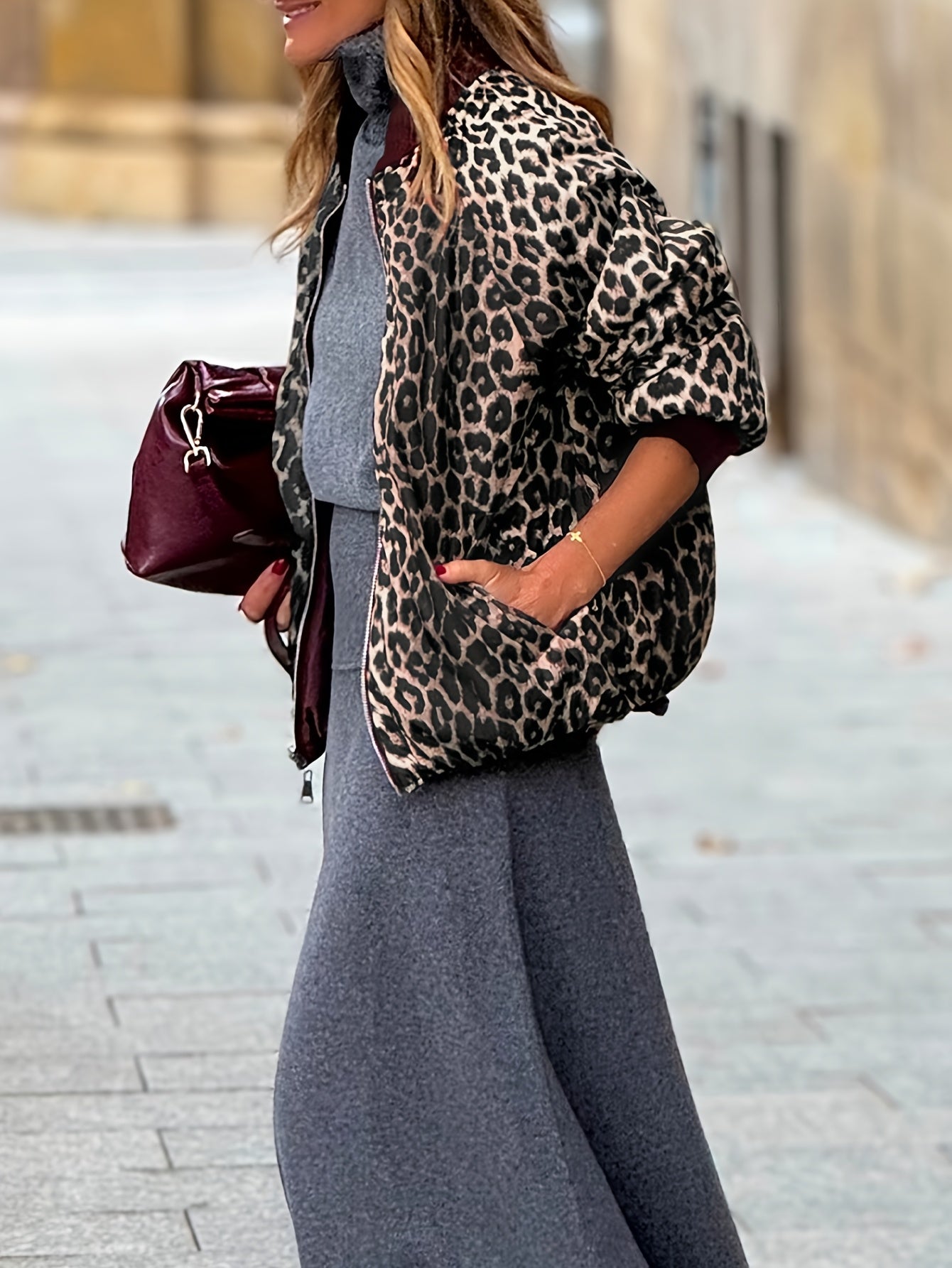 Կանացի երկկողմանի, երկկողմանի, կայծակաճարմանդով առջևի բաճկոն - ընձառյուծի նախշով և բորդո առօրյա վերարկու, նորաձև հաստ կտոր, դիմացկուն վերնազգեստ նորաձևության սիրահարների համար, ընձառյուծի նախշով բաճկոն, նորաձև վերնազգեստ, կրկնակի շերտավոր դիզայն