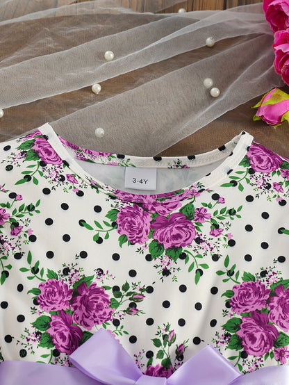 COVIVIKY Girls' Elegant Long Sleeve Party Dress with Puff Skirt & Sheer Panel - Knee-Length A-Line Wedding Prom Dress, Belted Waist Bow & Netting Trim, Hand Washable Winter Formal Gown for Girls (Age 4-12)