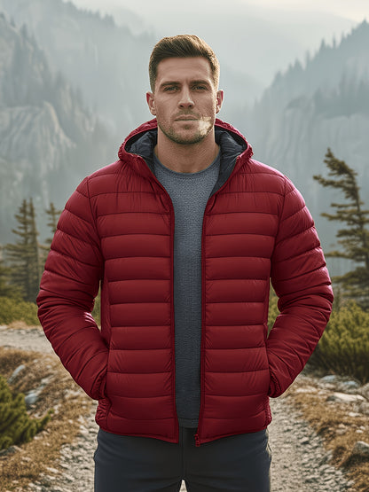 Men's Quilted Hooded Jacket with Ribbed Cuffs for Winter