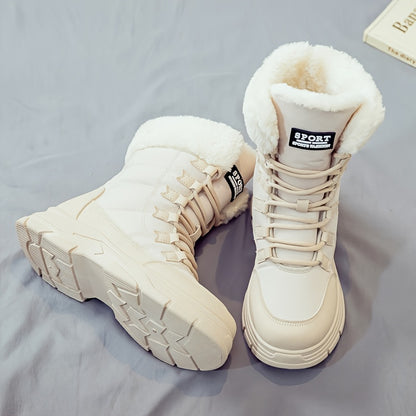 Women'S Winter Boots - Thick Platform Sole for Height & Traction, Lace-Up Mid-Calf Boots with PU Synthetic Cover Upper, Non-Slip PVC Outsole - Beige/White Cold Weather Shoes for Everyday, Formal, Party - Easy-Clean & Durable
