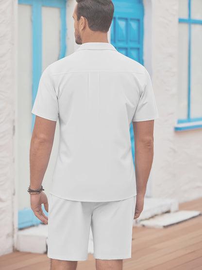 Men'S 2pcs Summer Beach Set, Cotton Linen Blend, Casual Short Sleeve Button- Shirt and Shorts, Solid Color, Lapel Collar, Non-Stretch Fabric, Regular Fit, Woven, 160g/m² - Loungewear Outfit