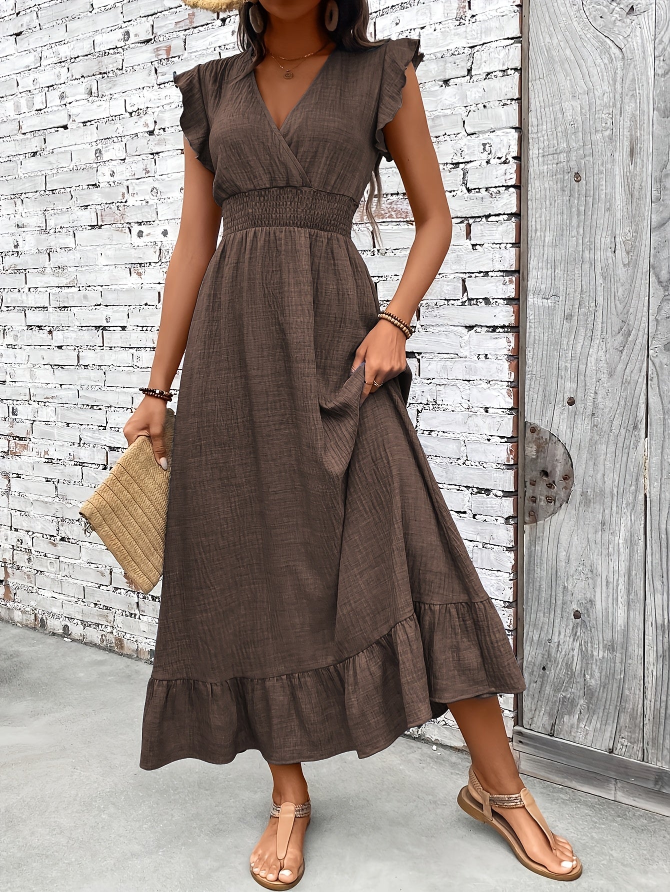 Women's Casual Waist-Cinching Maxi Dress with V-Neck