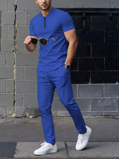 Men's Waffle Knit Zipper Shirt, Rib Collar Short Sleeve T-Shirt, Casual Breathable Summer Top - ayq