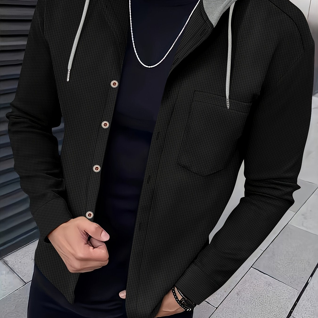 Men's Casual Hooded Jacket - Soft, Breathable Polyester with Button-Up Design & Pockets | Perfect for Spring, Fall & Outdoor Activities, Long Sleeve, Fashion, Daily, Leisure Style, Conventional Version