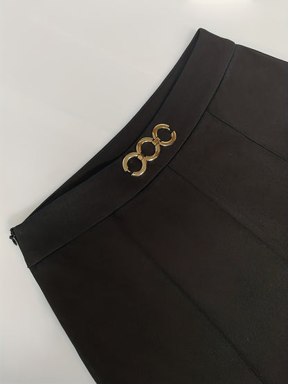 Elegant Navy Blue High-Waist Straight Leg Pants with Golden-Tone Metal Button Detail - Versatile & Chic Women's Workwear, 100% Polyester/Spandex Blend, Machine Washable