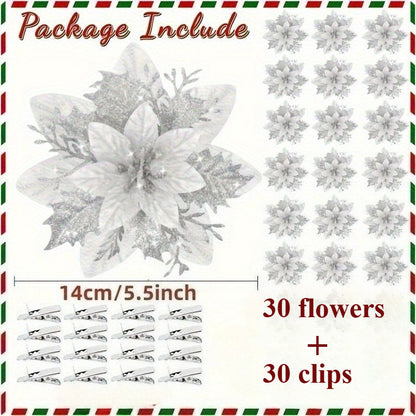 60 Shiny Flower Clips - 5.5-Inch Large Decorative Set, Suitable for Christmas, Weddings, New Year & Family Gatherings - Includes 30 Flowers & 30 Clips, Easy To Hang, Best For Christmas