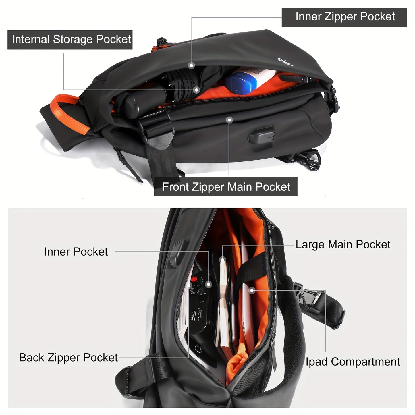 Men'S Casual Sling Bag - Trendy Black Crossbody with Adjustable Strap, Multiple Compartments for Travel, School  Daily Use, Lightweight  Stylish Design, Travel Bag