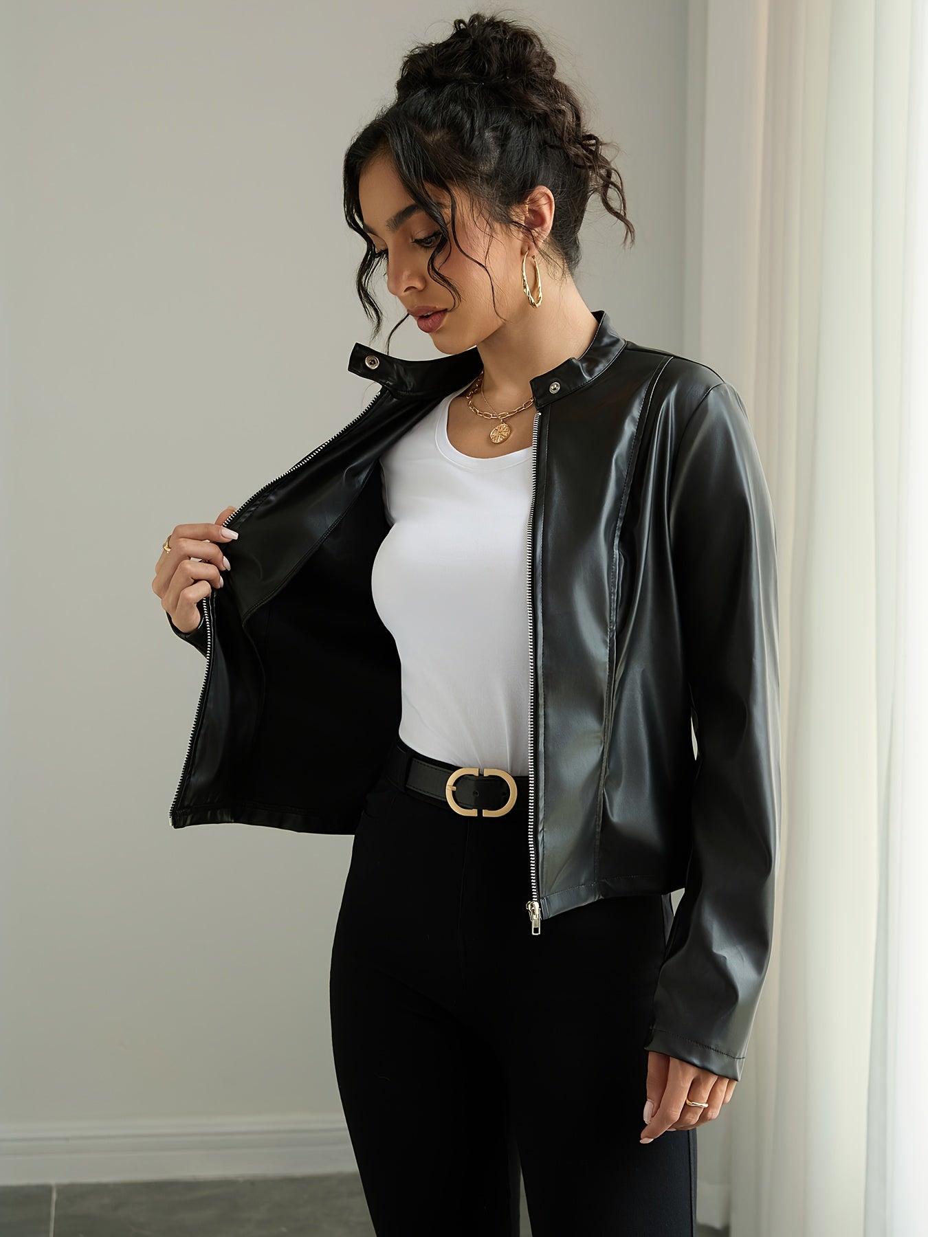 Women's Elegant PUPU Leather Jacket - Full-Zip Long Sleeve Motorcycle Coat with Stand Collar, -Tone Hardware & Smooth Leather Texture, Spring/Fall Outerwear for Casual & Formal Outfits (//Tan) - Non-Stretch Durable Leather, Z