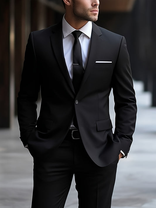 Men's Two-Piece Suit in Solid Color with Sealed Pockets, Regular Fit Suit Trousers, Elegant and Classic, Suitable for Business and Wedding Parties