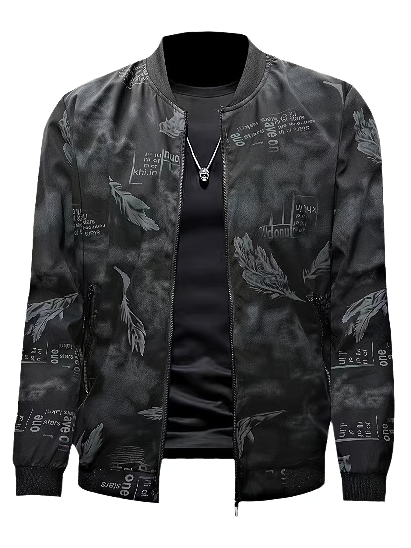 Men'S Lightweight Preppy Bomber Jacket with Feather & Star Print, Stand Collar, Zip-Up, Loose Fit, Polyester Lining, Casual Streetwear Style, Casual Outerwear | Star Pattern Jacket | Zippered Jacket