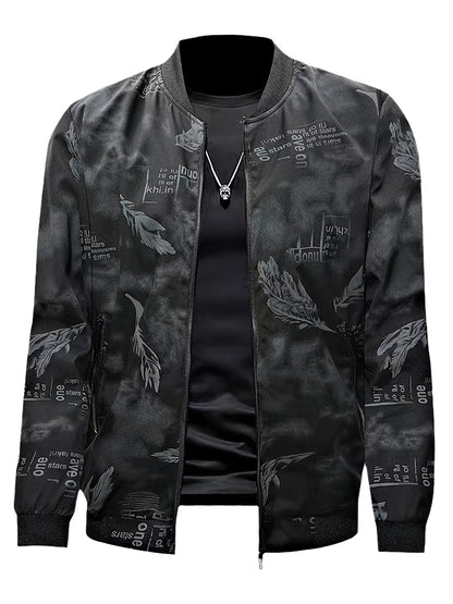 Men'S Lightweight Preppy Bomber Jacket with Feather & Star Print, Stand Collar, Zip-Up, Loose Fit, Polyester Lining, Casual Streetwear Style, Casual Outerwear | Star Pattern Jacket | Zippered Jacket