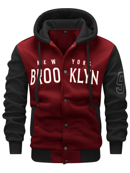 Men's 'BROOKLYN' Pattern Color Blocking Hooded Jacket, Casual Preppy Style Coat For Spring And Autumn Outdoors As Gift
