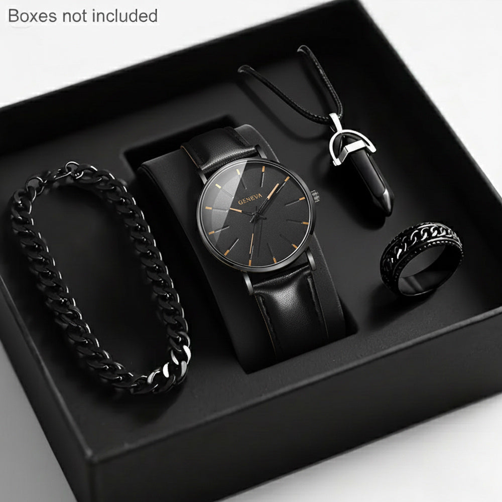 Men'S Luxury Quartz Wristwatch and Jewelry Set | Black Analog Watch with Dual Display, Includes Matching Bracelet, Necklace, and Ring - Ideal for Birthdays, Christmas, Ramadan