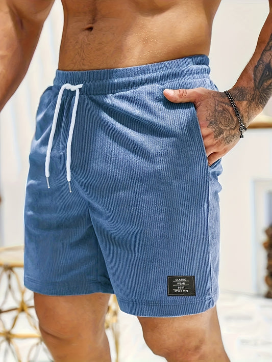 Men'S Summer Casual Beach Shorts, Vintage Corduroy Style, Solid Color, Polyester 100%, Slight Stretch, Regular Fit, Knit Fabric, 275g/m², with Pockets