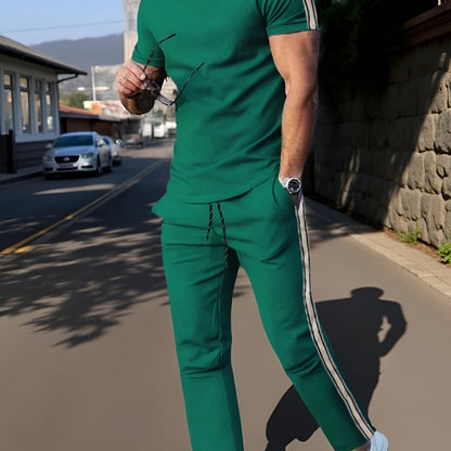 Cross-Border New Summer 2pcs Short-Sleeved T-Shirt And Long Pants Casual Men'S Casual Outdoor Sports Suit, Side Stripe Casual And Fashionable Men'S 2pcs Set