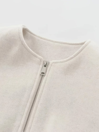 Women'S Elegant Pilot Jacket - Beige Bomber Style Short Coat with Pockets, Zip-Up, Long Sleeves, Loose Fit for Casual & Weekend Wear, Casual Wear Jacket | Bomber Jacket | Polyester Fabric