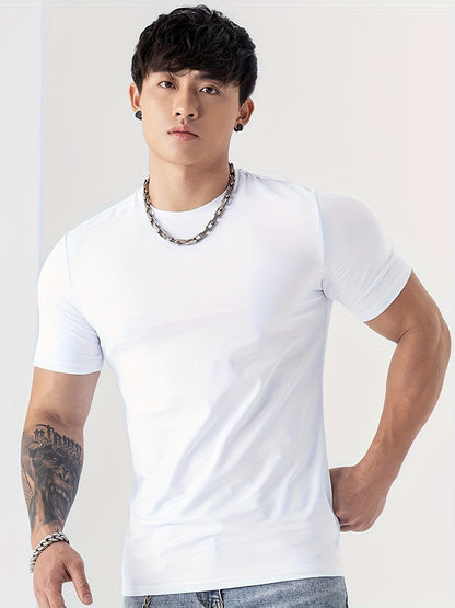 Men's Summer Athletic T-Shirt - Moisture-Wicking Stretch Fabric Slim Fit Round Neck Short Sleeve Tee for Gym, Running, Training - Solid Color Black, Gym Apparel   Machine Washable Top, Gym Shirts