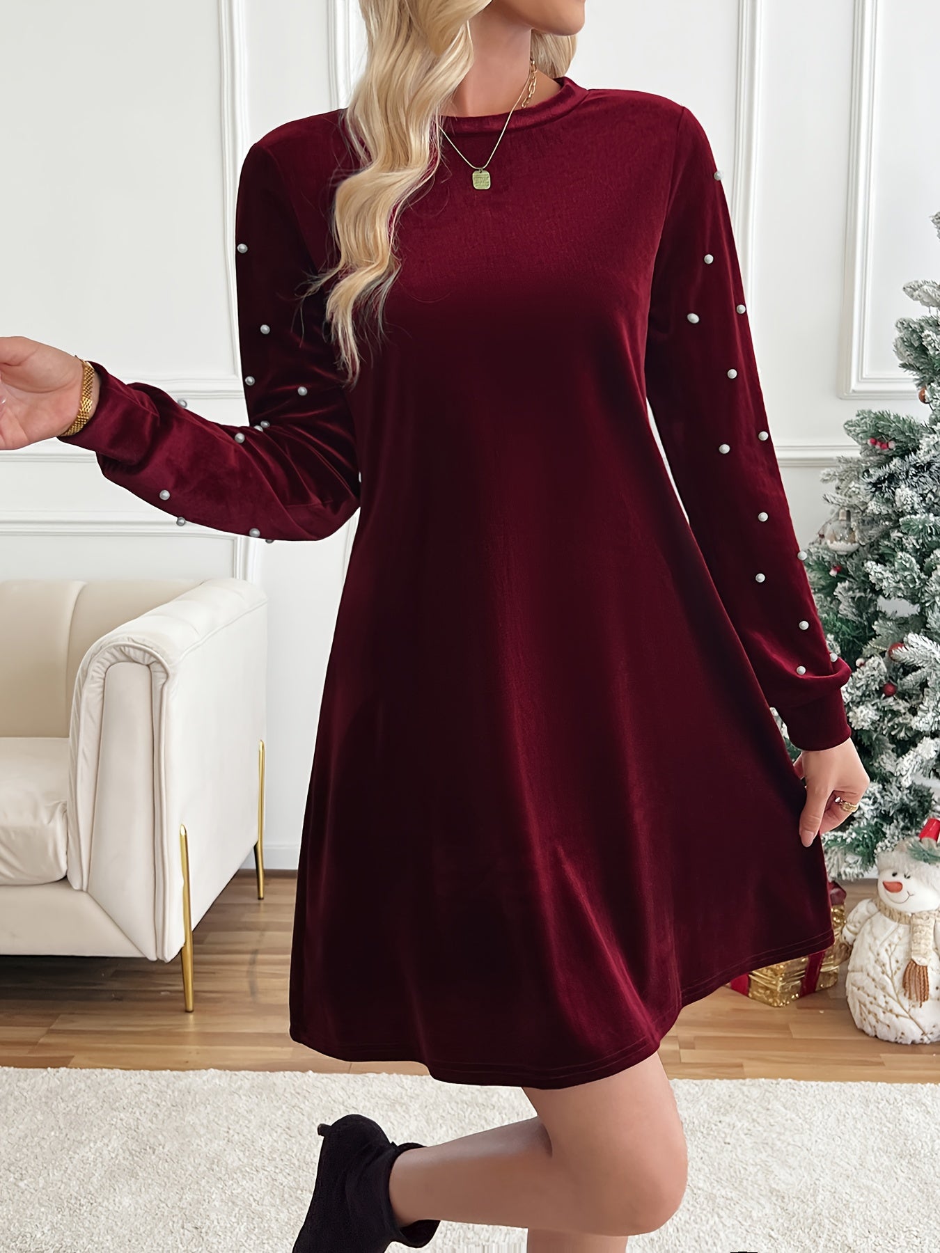 2025 Spring New Women's Elegant Pearl Beaded Lantern Sleeve Dress