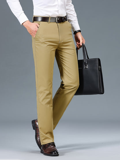 Men's Light Business Cotton Dress Pants - Straight Leg, Olive Green, 100% Cotton, Perfect for Office or Casual Outings