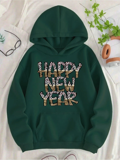 Women'S Green Hooded Sweatshirt with Happy New Year Lettering & Golden Glitter Print - Cozy Fleece-Lined Hooded Pullover, Long Sleeve Casual Winter Sweater for Everyday &, New Year'S Eve Outfits, Sweater Hoodie, Comfortable C