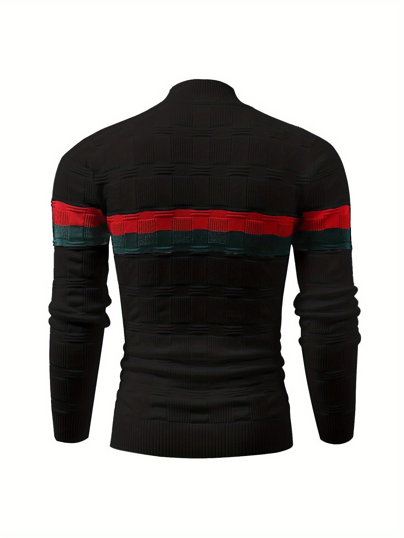 Temujin OBM Men's Fashion Mid-Neck Button Contrast Stripe Three-Dimensional Plaid Knit Top