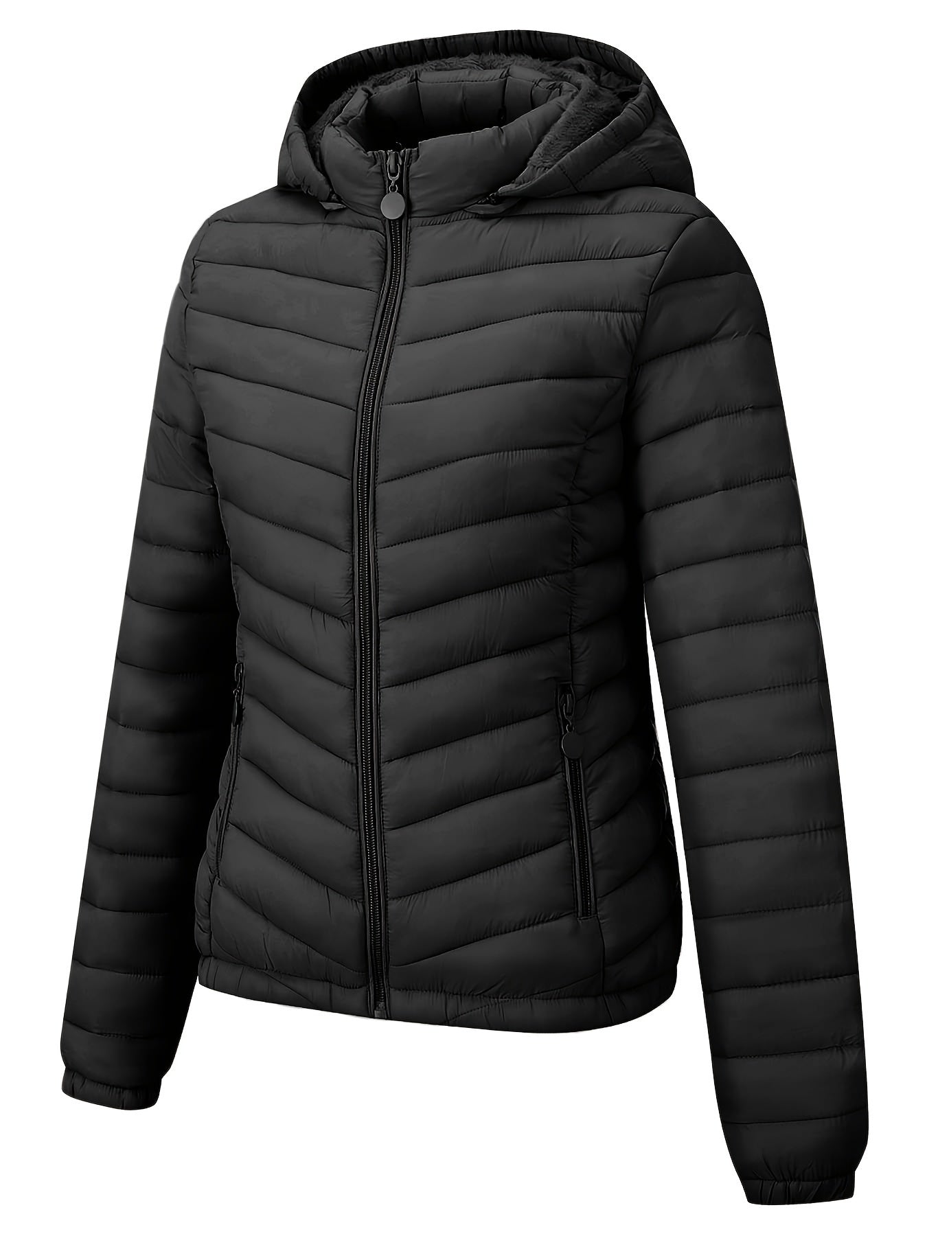 Կանացի թեթև, սև, գլխարկով ձմեռային բաճկոն՝ գրպաններով - Էլեգանտ երկար թևքերով վերնազգեստ, նեյլոնե նյութ, կայծակաճարմանդով դիզայն, իդեալական է առօրյա կամ ճանապարհորդության համար, ձմեռային վերարկուներ