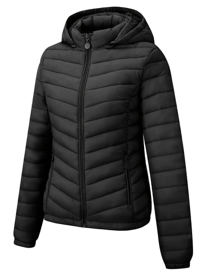 Կանացի թեթև, սև, գլխարկով ձմեռային բաճկոն՝ գրպաններով - Էլեգանտ երկար թևքերով վերնազգեստ, նեյլոնե նյութ, կայծակաճարմանդով դիզայն, իդեալական է առօրյա կամ ճանապարհորդության համար, ձմեռային վերարկուներ