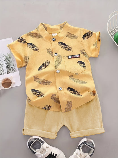Baby Boys Cotton Feather Print Short Sleeve Shirt & Shorts Set