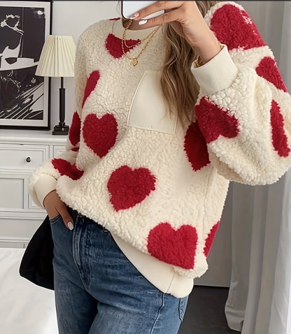 Women'S Plush Heart Sweater - Soft & Heart Pattern Sweater with Heart Cutouts, Cozy Winter Sweater for Fall & Winter