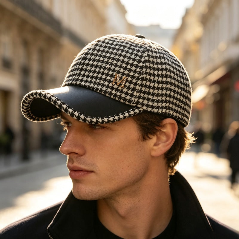 Women's Korean-Style Checkered M Logo Fedora Hat for Fall/Winter