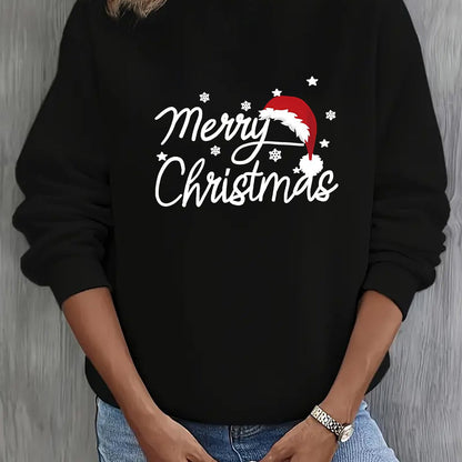 Women'S Christmas Letter Print Crew Neck Pullover Sweatshirt - Elegant Casual Long Sleeve Fleece-Lined Top with Festive Santa Hat & Star Design, All-Season Comfort for Holiday & Casual Attire, Christmas Sweatshirts, Seasonal