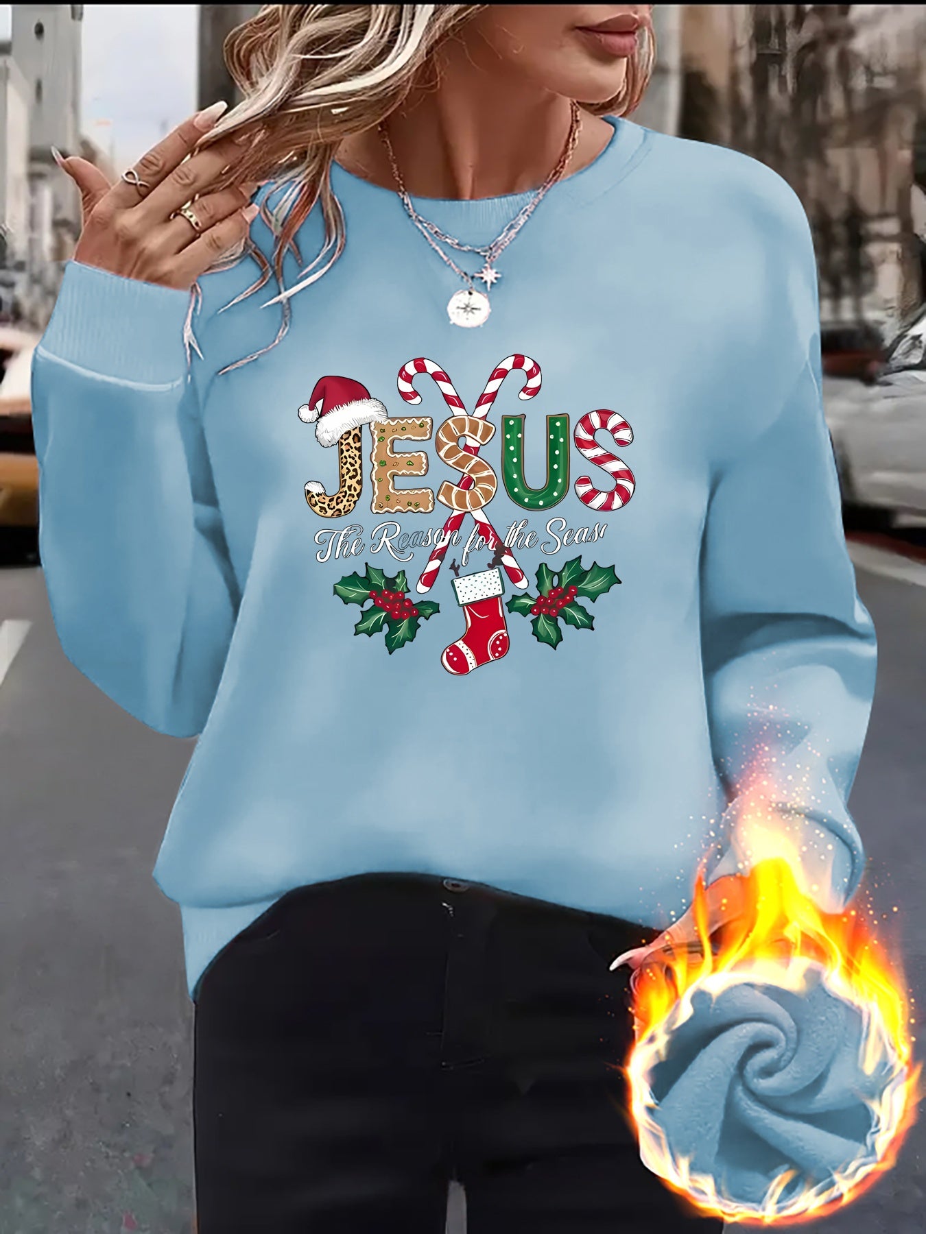Women's Fleece-Lined Round Neck Pullover Sweatshirt - "JESUS" Christmas Print, Comfortable Loose Fit for All Seasons, Festive Holiday Design Casual Top