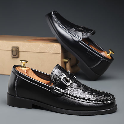 Men's Crocodile Embossed Slip-On Loafers with Metal Buckle