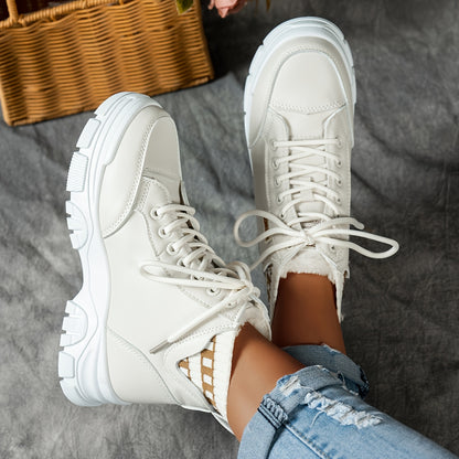 gfhfgjjfg Women's Casual High-Top Platform Ankle Boots with Lace-Up Closure, Thick Rubber Sole & Faux Cover Upper - Winter Warm Round Toe Boots for Casual Attire (Black/White/Beige), Comfortable Footwear, Durable Traction Foo