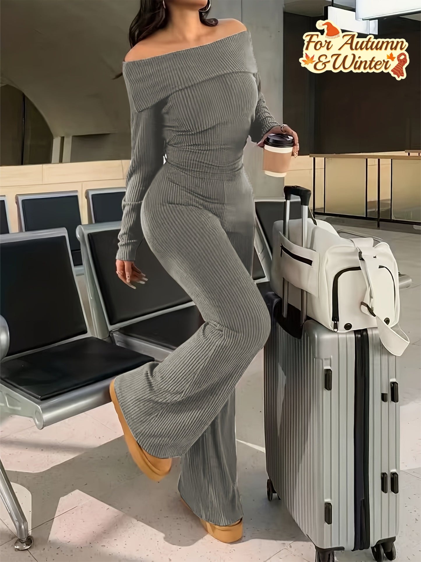 Autumn And Winter Solid Color Two-Piece Set, Sexy Off-The-Shoulder Top + Wide-Leg Flared Pants Suit, Elastic And Soft Ribbed Fabric, Machine Washable