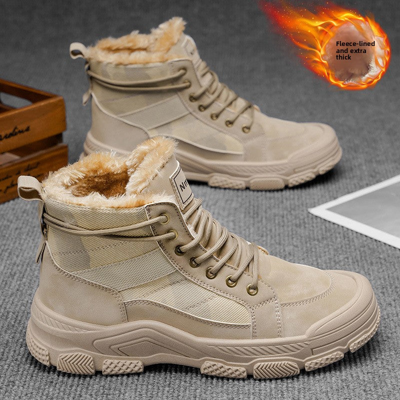 Men's High-Top Winter Boots with -Like Collar & - Heavy-Duty PU Upper, PVC Sole, Beige/Tan Lace-Up Snow Boots for Ice, Slush,, Outdoor (Warm Cold Weather Footwear)