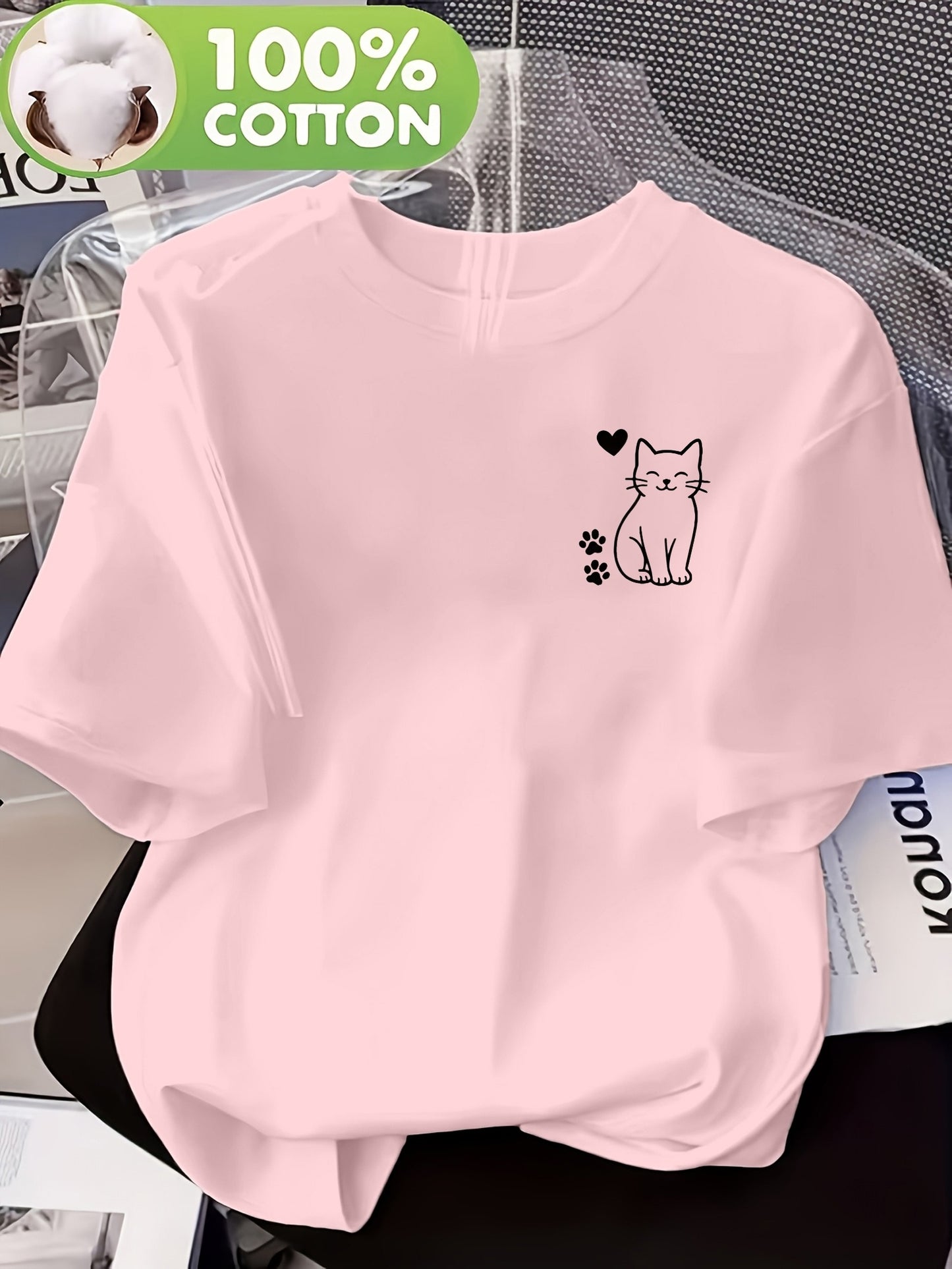 Women’s Casual Cotton T-Shirt with Cute Cat Print, All-Season