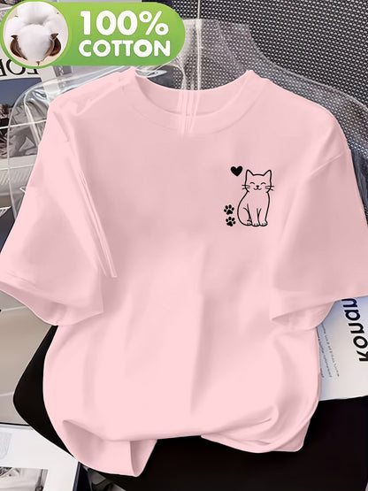 Women’s Casual Cotton T-Shirt with Cute Cat Print, All-Season