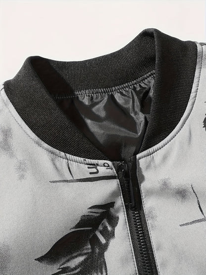 Men'S Lightweight Preppy Bomber Jacket with Feather & Star Print, Stand Collar, Zip-Up, Loose Fit, Polyester Lining, Casual Streetwear Style, Casual Outerwear | Star Pattern Jacket | Zippered Jacket