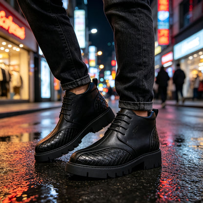 Unisex Black Lace-Up Riding Ankle Boots with Rubber Sole