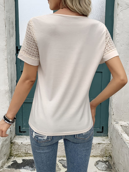 Yuelei Contrast Lace Splicing V-Neck Short Sleeve