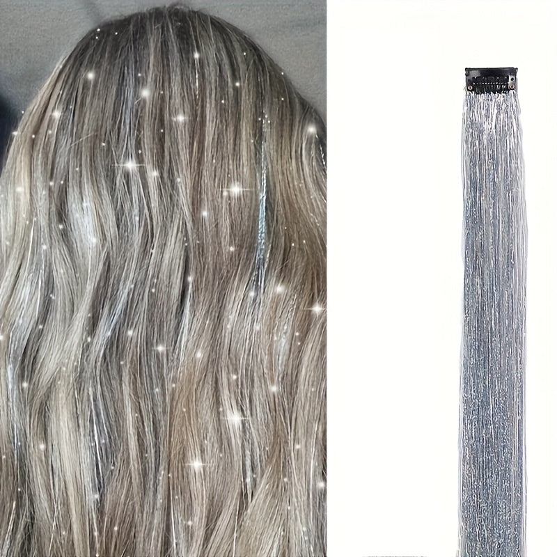 60.96cm Glitter Hair Tinsel Extensions Clips - Heat-Resistant Shiny Fairy Hair Accessories for Women, Vibrant Multicolor Strands, Perfect for Christmas Gifts & All Ages, Festive Hairpiece, Festive Hairpiece | Vibrant Hairpiec