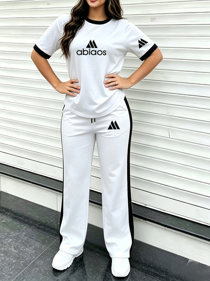 Women's Casual Summer Set - Short Sleeve Top & Wide-Leg Pants