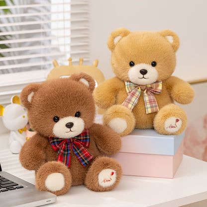 25սմ/9.84դյույմ փողկապով արջուկ փափուկ խաղալիք - փափուկ խաղալիք կարմիր թիթեռնիկով, բաց շագանակագույն և դեղին, իդեալական է Հելոուինի, Զատկի, Սուրբ Ծննդյան և ծննդյան նվերների համար, խելոք խաղալիք, տոնական նվեր, խաղային դիզայն, որակյալ արհեստական ​​կրեմ։