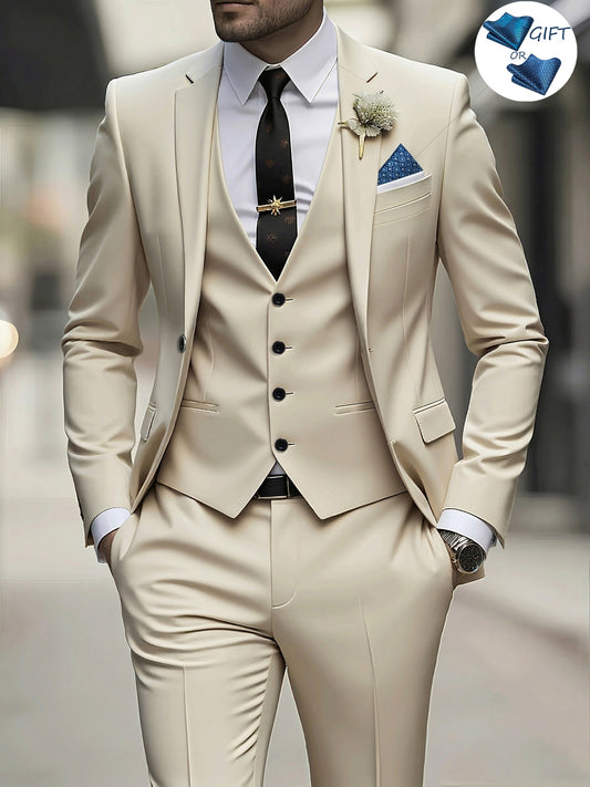 Men's 3-Piece Polyester Suit Set with Jacket, Vest & Trousers - ayq