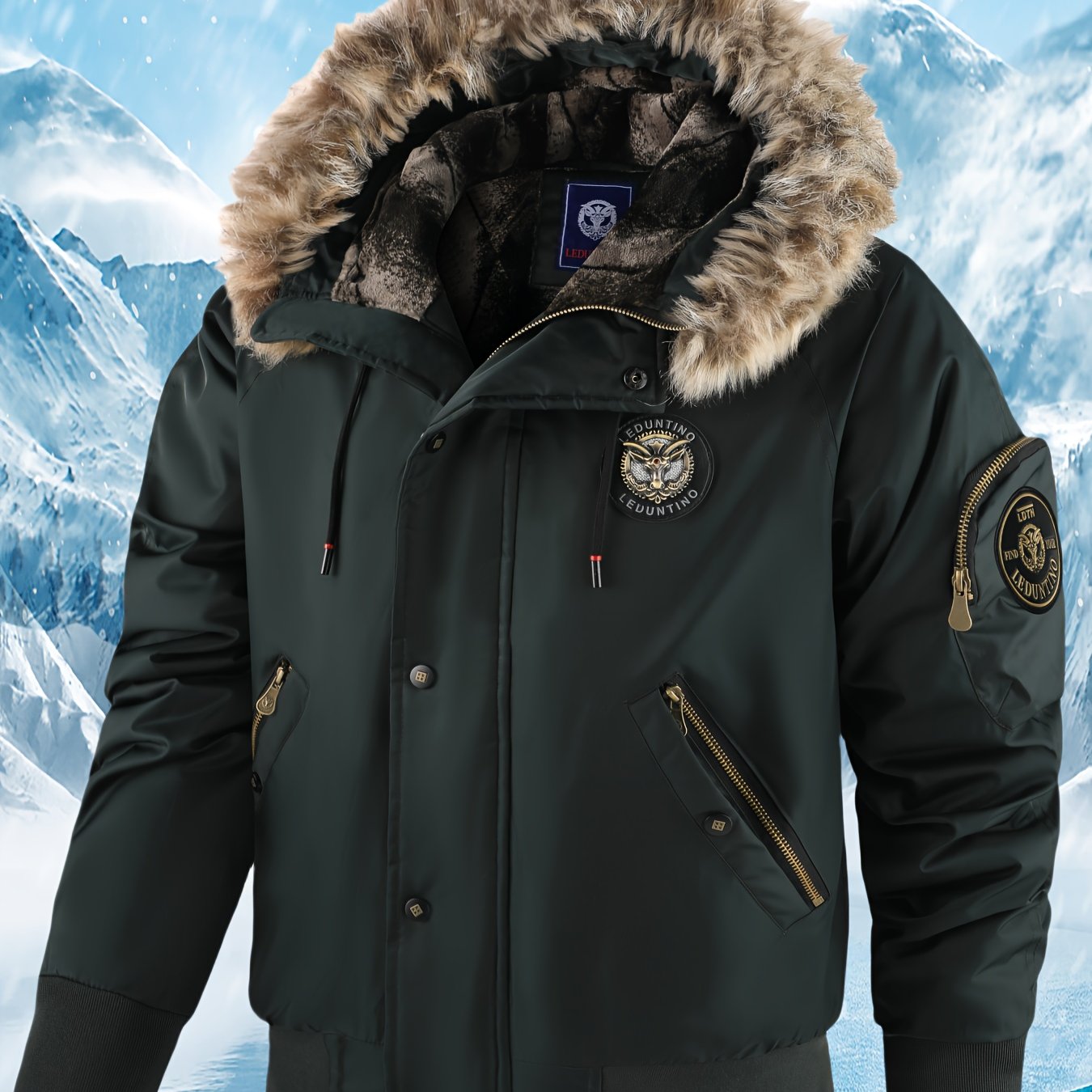 Տղամարդու ձմեռային վերարկու - նոր տաք, գլխարկով բաճկոն՝ ոսկեգույն նախշերով, ազատ չափսի, ցուրտ եղանակի համար նախատեսված ամենօրյա վերնազգեստ, լվացքի մեքենայով լվացվող, հաստ, հարմարավետ փափուկ աստառով