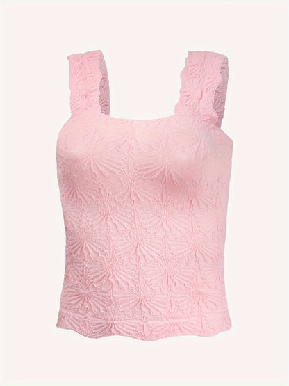 Women's Fashion Cami Tank Top With Jacquard Floral, Wide Shoulder Strap Square Neck Tank Top, Women's Activewear