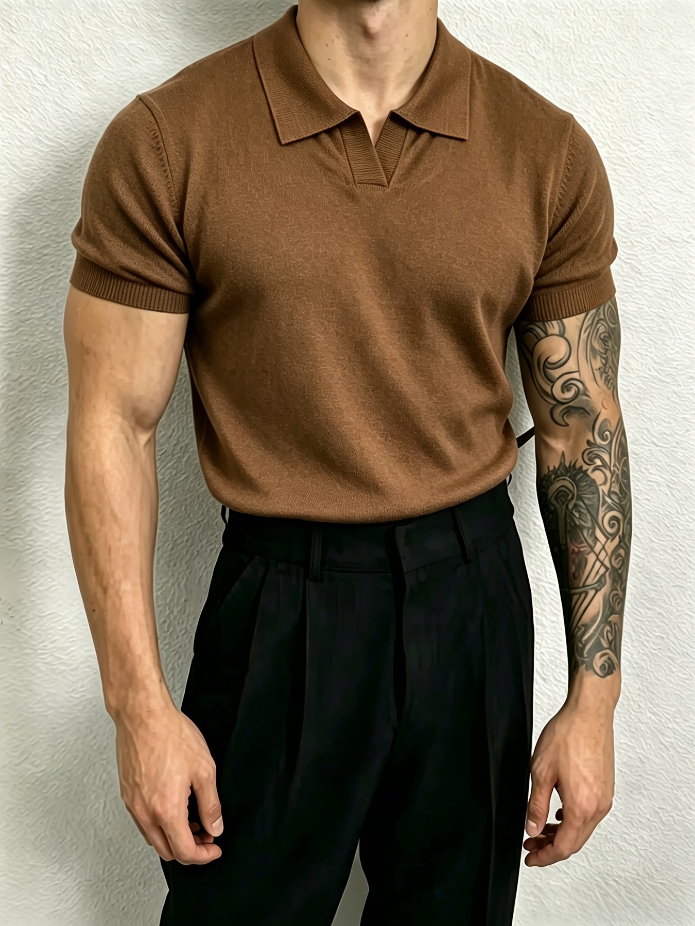 Men's Knit Polo Shirt with Geometric Pattern - Lightweight Summer Styl